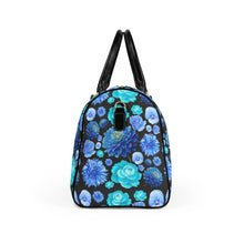 Load image into Gallery viewer, Blue Floral Leather Travel Bag – Vibrant Rose & Dahlia Weekender