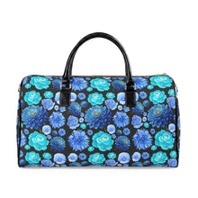 Load image into Gallery viewer, Blue Floral Leather Travel Bag – Vibrant Rose & Dahlia Weekender