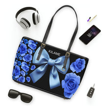 Load image into Gallery viewer, Blue Rose Bow PU Leather Shoulder Bag – Floral Tote for Women