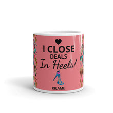 Load image into Gallery viewer, White glossy mug 'I close deals in heels'