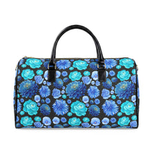 Load image into Gallery viewer, Blue Floral Leather Travel Bag – Vibrant Rose &amp; Dahlia Weekender
