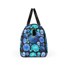 Load image into Gallery viewer, Blue Floral Leather Travel Bag – Vibrant Rose &amp; Dahlia Weekender
