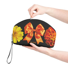Load image into Gallery viewer, Floral Marigold Makeup Bag — Orange Bow Cosmetic Pouch
