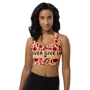 Longline sports bra 'Never give up'