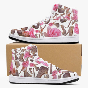 High-Top Leather Sneakers - White / Black 'Rose pink flower'