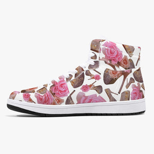 High-Top Leather Sneakers - White / Black 'Rose pink flower'