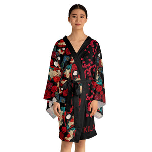 Long Sleeve Kimono Robe 'Fiori rosso nero'