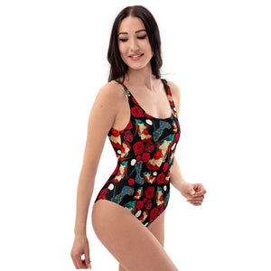 One-Piece Swimsuit 'Fiori rosso nero'