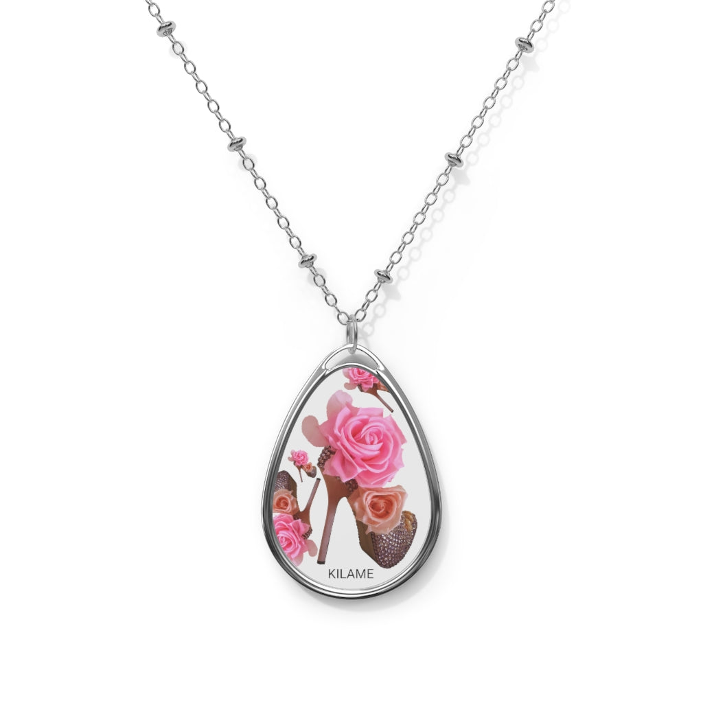 Oval Necklace 'Rose pink flower'